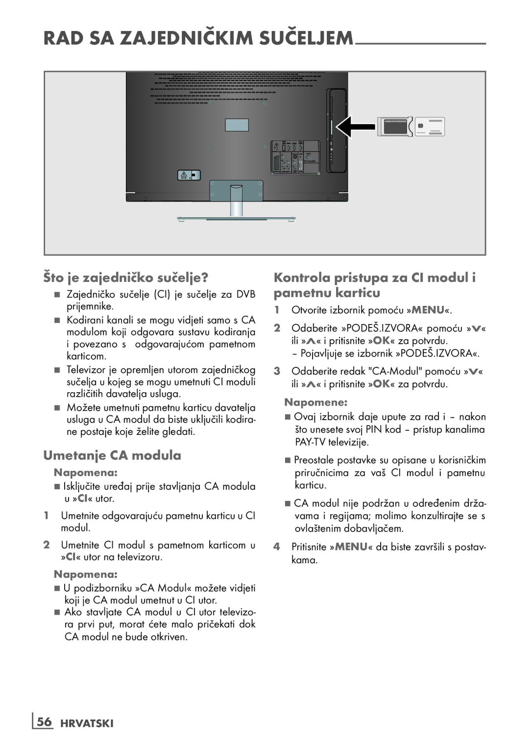 Grundig 40 vle 630 bh Što je zajedničko sučelje?, Umetanje CA modula, Kontrola pristupa za CI modul i pametnu karticu 