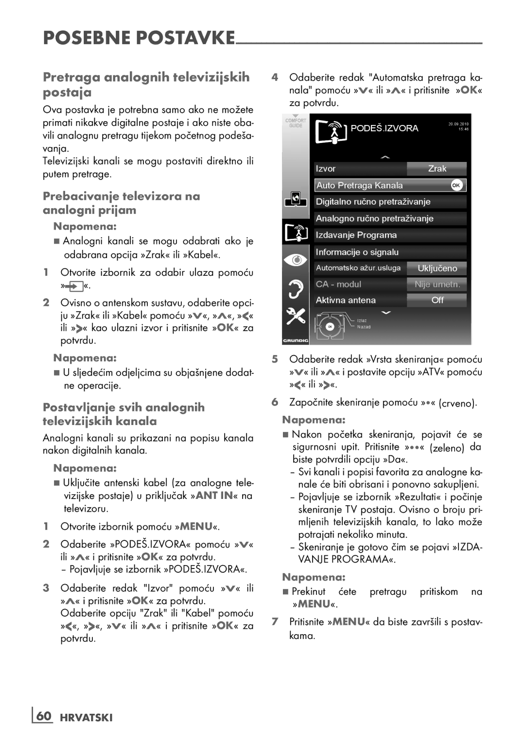 Grundig 40 vle 630 bh manual Pretraga­ ­analognih­televizijskih­ postaja­, Prebacivanje­televizora­na­ ­analogni­prijam 