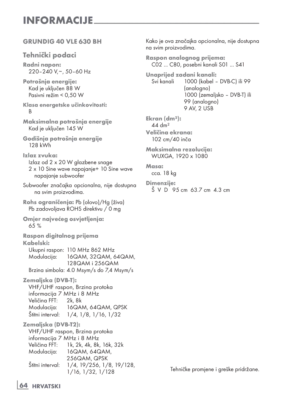 Grundig 40 vle 630 bh manual Tehnički podaci, ­64 Hrvatski 