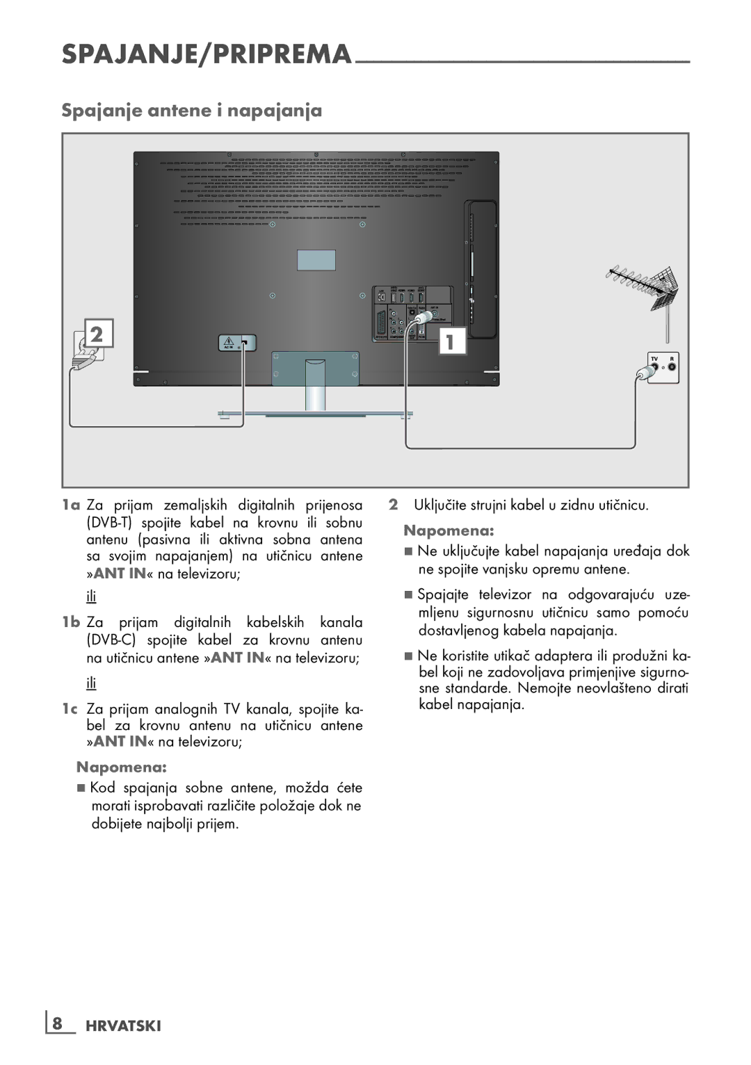 Grundig 40 vle 630 bh manual Spajanje antene i napajanja, Spajanje/priprema, Napomena, ­8 Hrvatski 