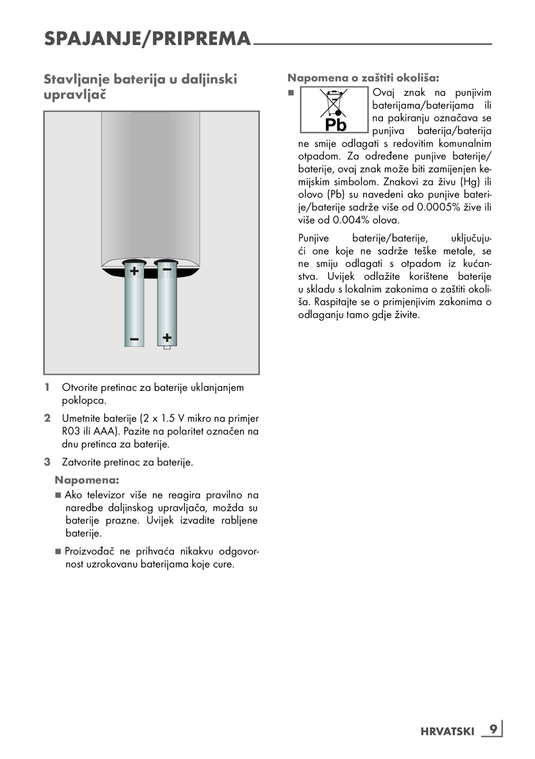 Grundig 40 vle 630 bh manual Stavljanje baterija u daljinski­ upravljač, Napomena Napomena o zaštiti okoliša, Hrvatski ­9 