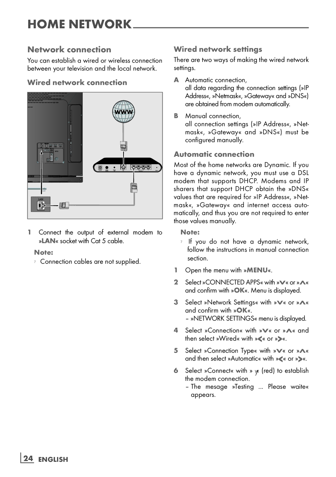 Grundig 40 VLE 7130 BF manual Network connection, Wired network connection, Wired network settings, Automatic connection 