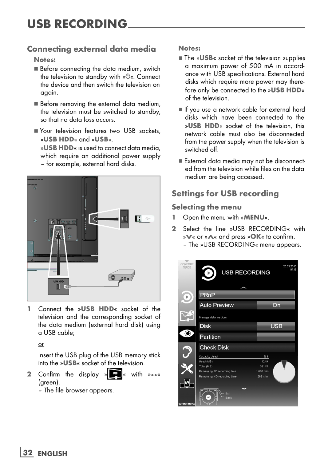 Grundig 40 VLE 7130 BF, 32 VLE 7130 BF manual Connecting external data media, Settings for USB recording, Selecting the menu 