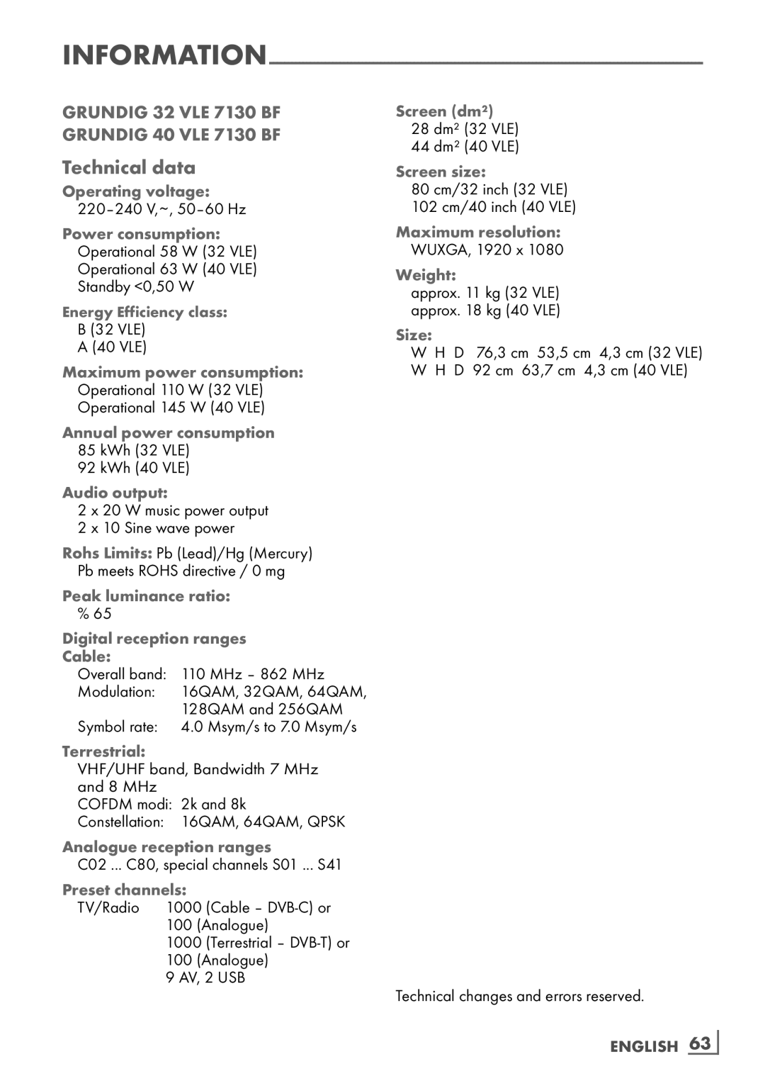 Grundig 32 VLE 7130 BF, 40 VLE 7130 BF manual Technical data 