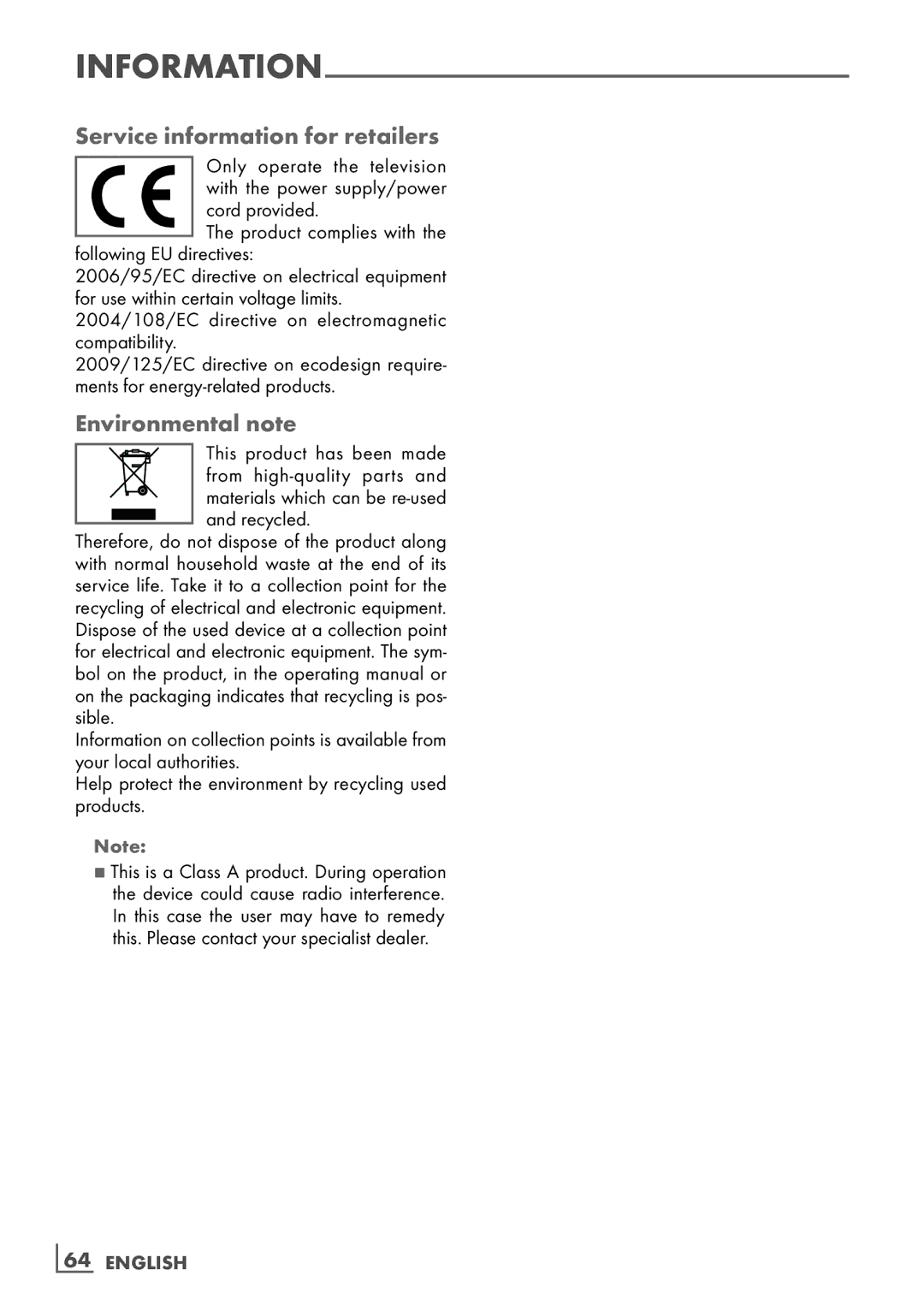 Grundig 40 VLE 7130 BF, 32 VLE 7130 BF manual Service information for retailers, Environmental note, Recycled 