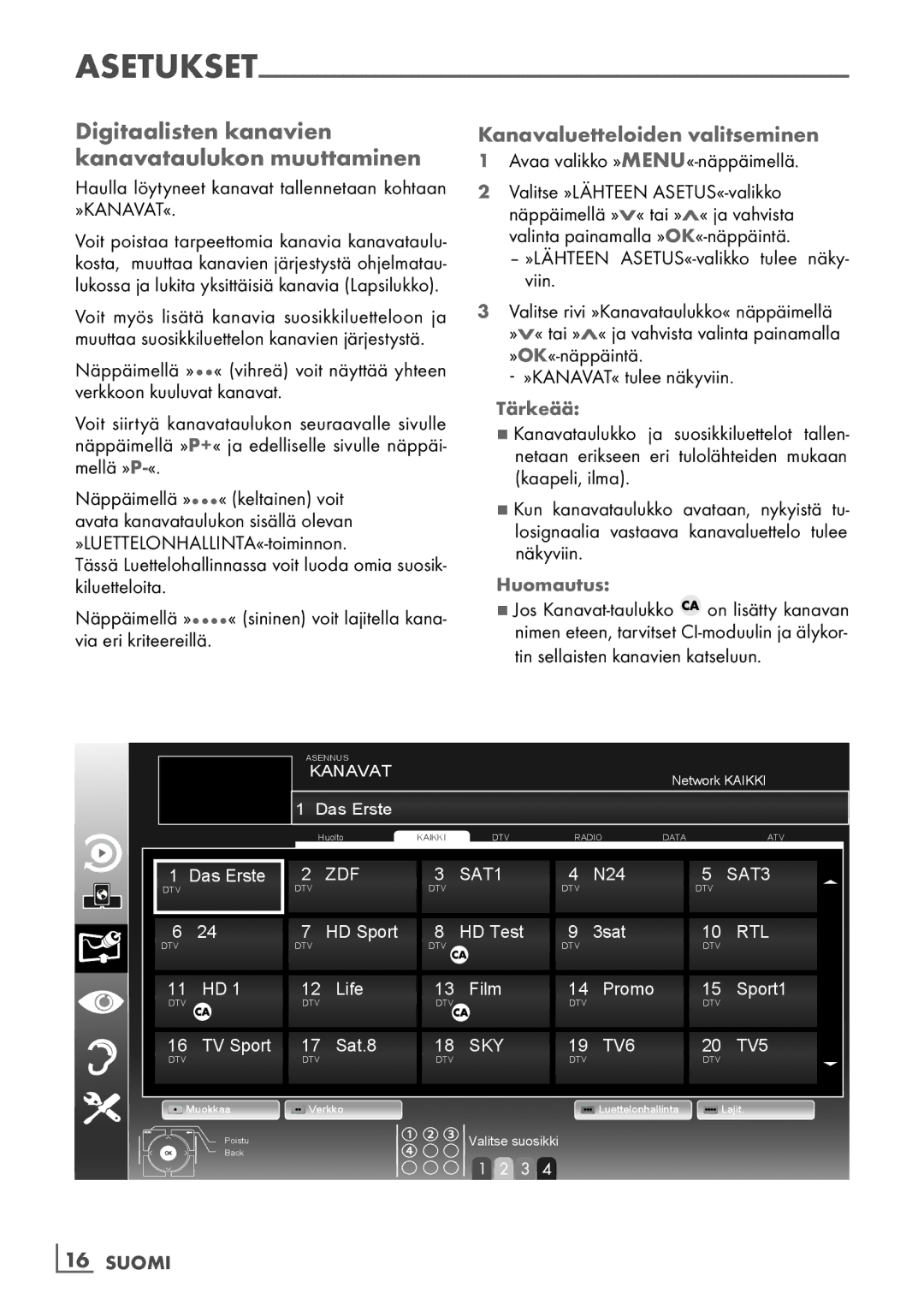 Grundig 40 VLE 7139 BR manual Digitaalisten kanavien kanavataulukon muuttaminen, Kanavaluetteloiden valitseminen, Tärkeää 