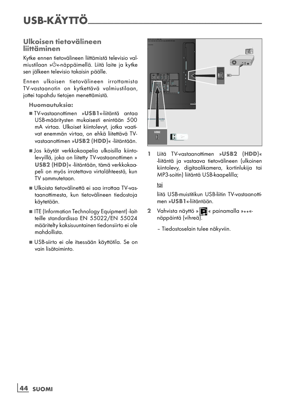 Grundig 40 VLE 7139 BR manual Ulkoisen tietovälineen ­ liittäminen, ­44 Suomi 