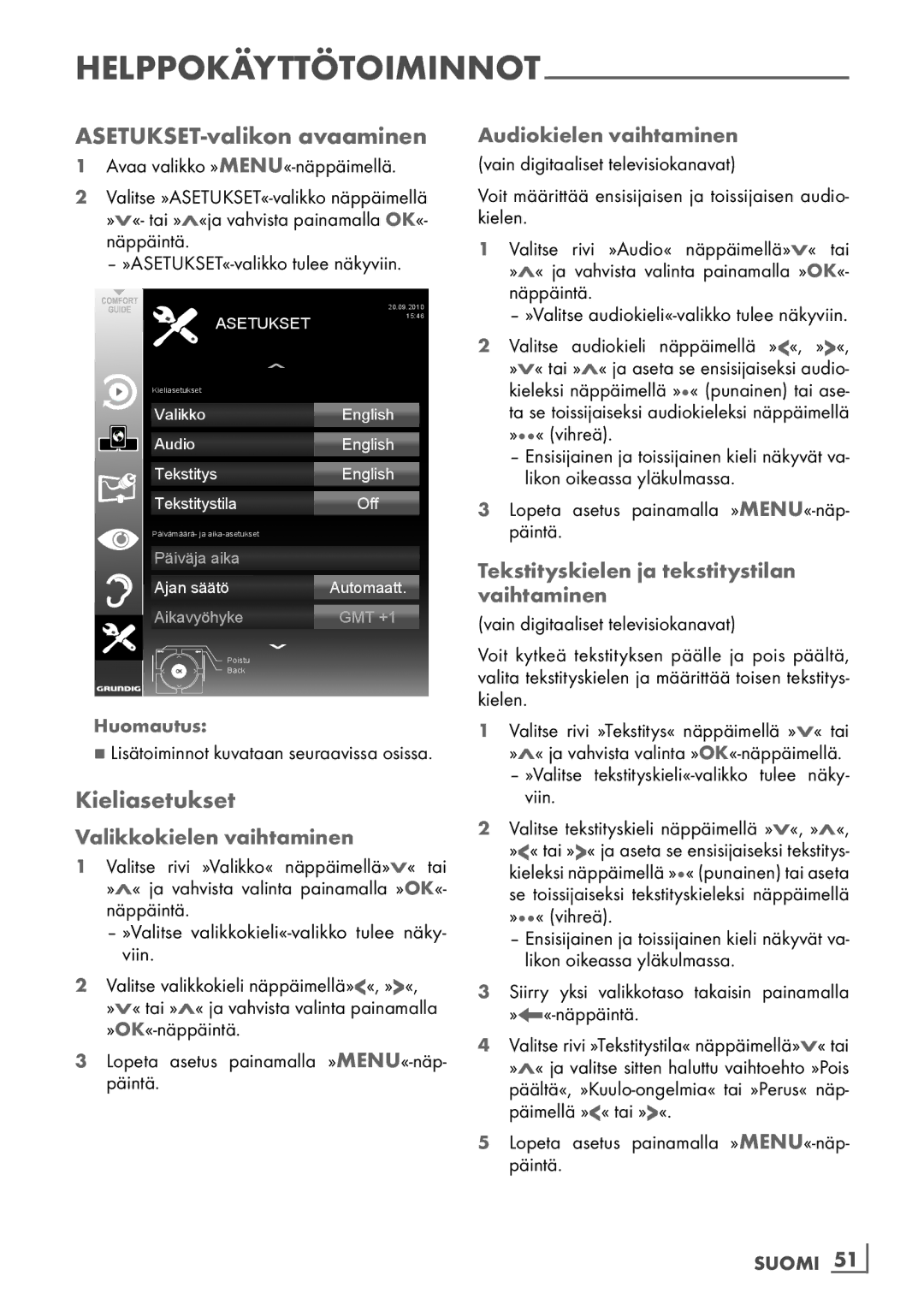 Grundig 40 VLE 7139 BR manual ASETUKSET-valikon avaaminen, Kieliasetukset 