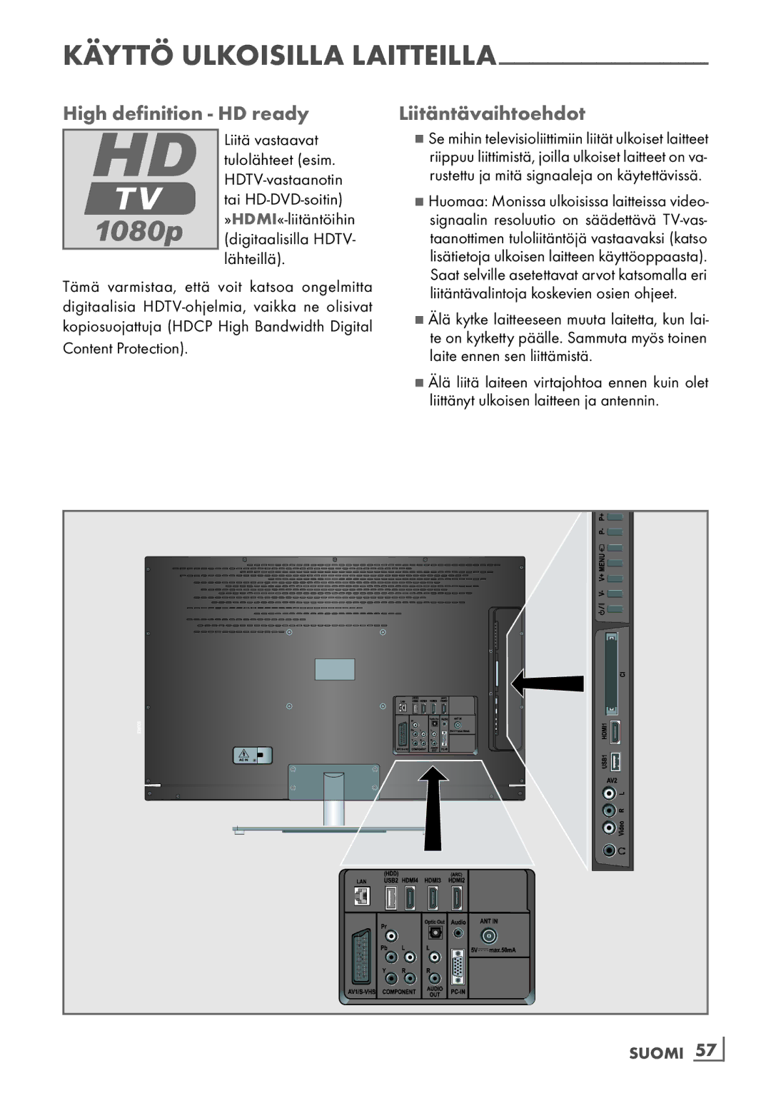 Grundig 40 VLE 7139 BR manual High definition HD ready Liitäntävaihtoehdot, Digitaalisilla HDTV- lähteillä, Suomi ­57 