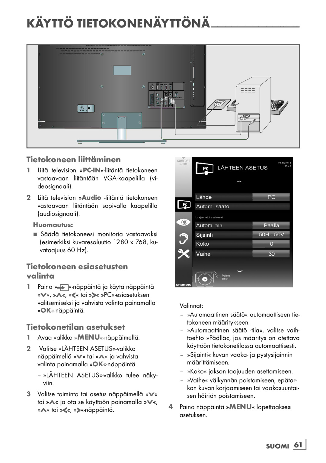 Grundig 40 VLE 7139 BR Tietokoneen liittäminen, Tietokoneen esiasetusten Valinta, Tietokonetilan asetukset, Suomi ­61 