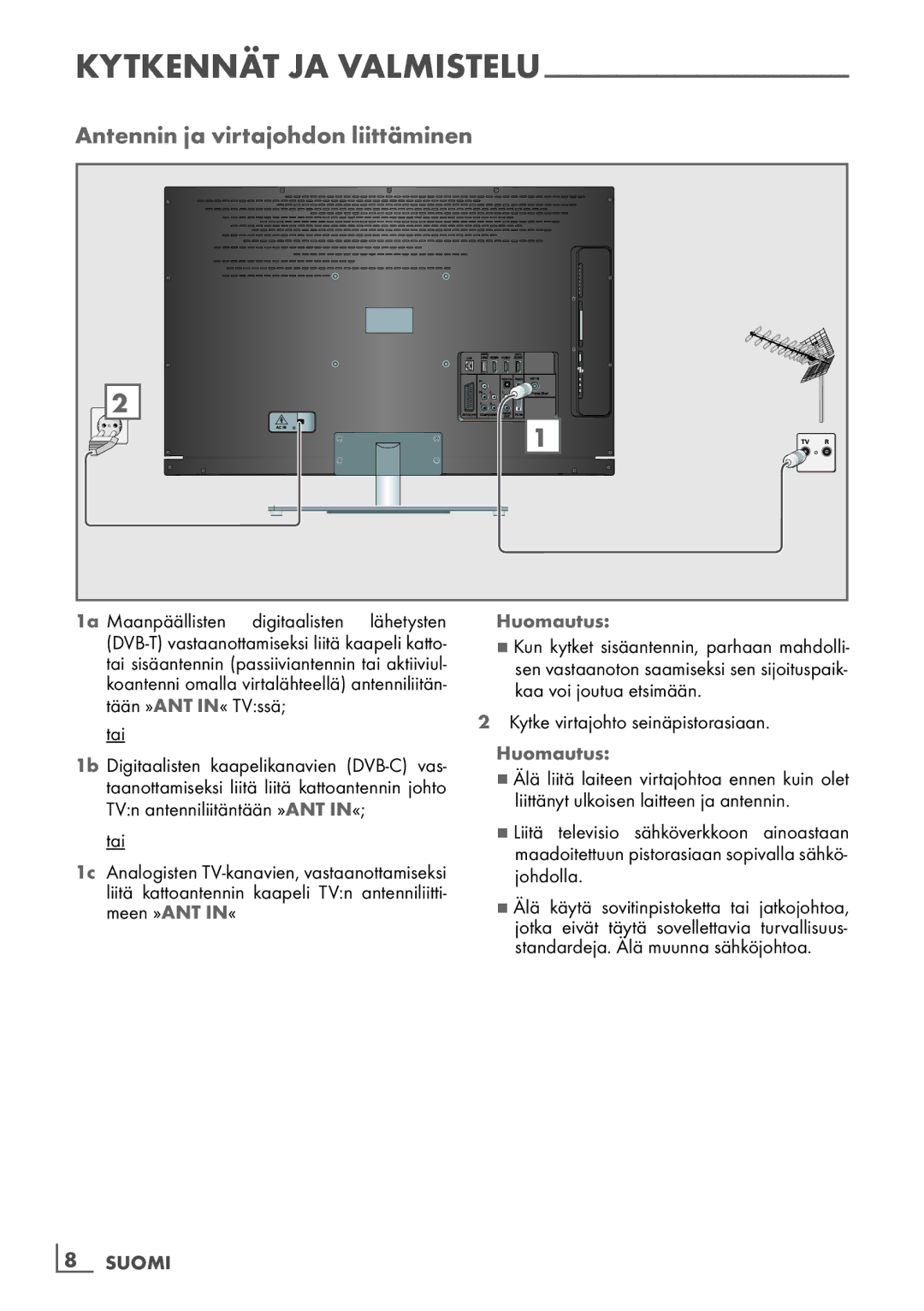 Grundig 40 VLE 7139 BR manual Antennin ja virtajohdon liittäminen, Kytkennät ja valmistelu, Huomautus, ­8 Suomi 