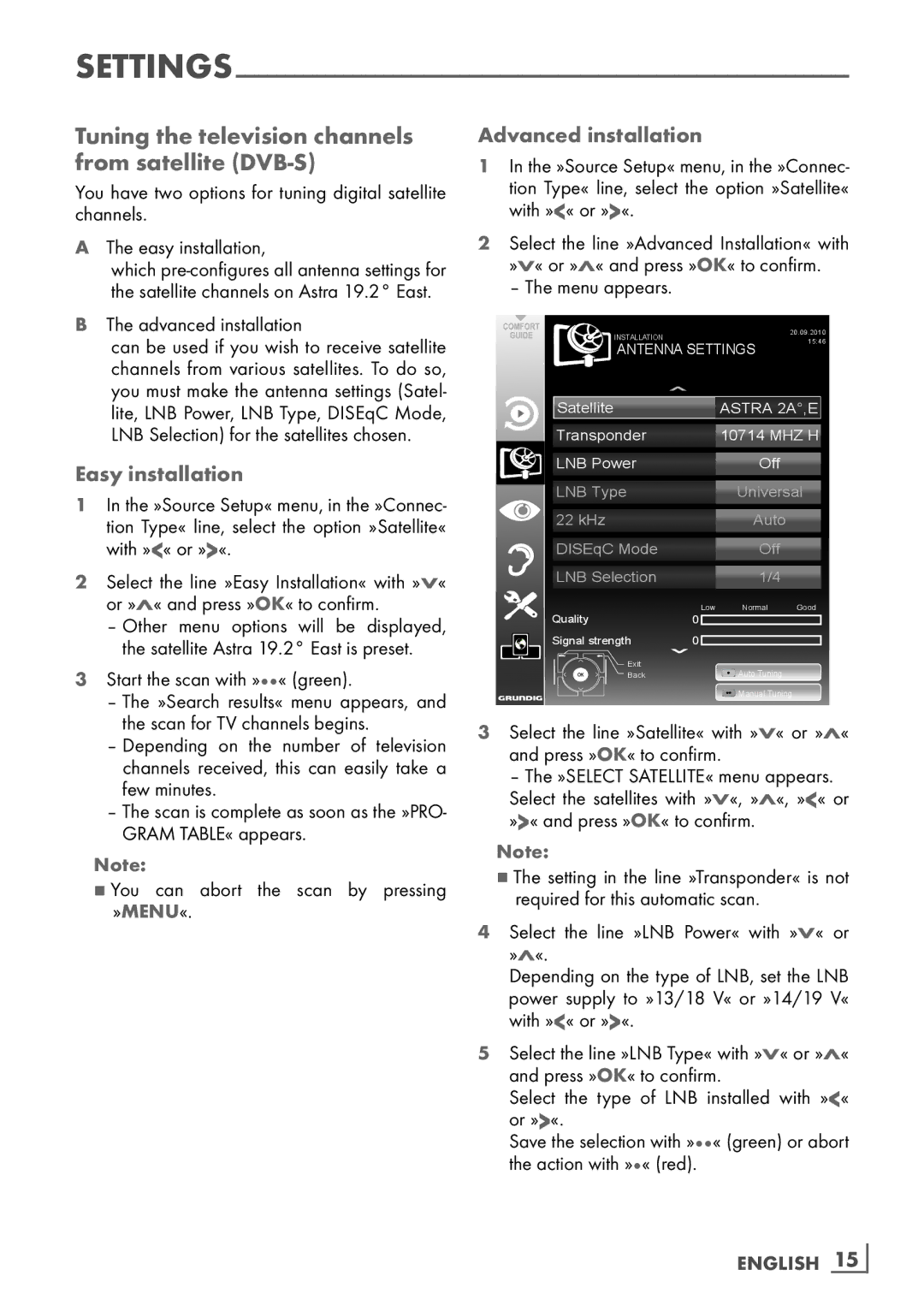 Grundig 40 VLE 8130 BG manual Tuning the television channels from satellite DVB-S, Easy installation, Advanced installation 