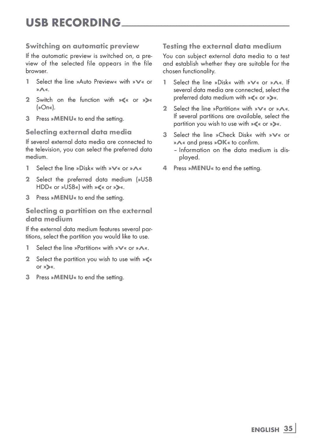 Grundig 40 VLE 8130 BG Switching on automatic preview, Selecting external data media, Testing the external data medium 
