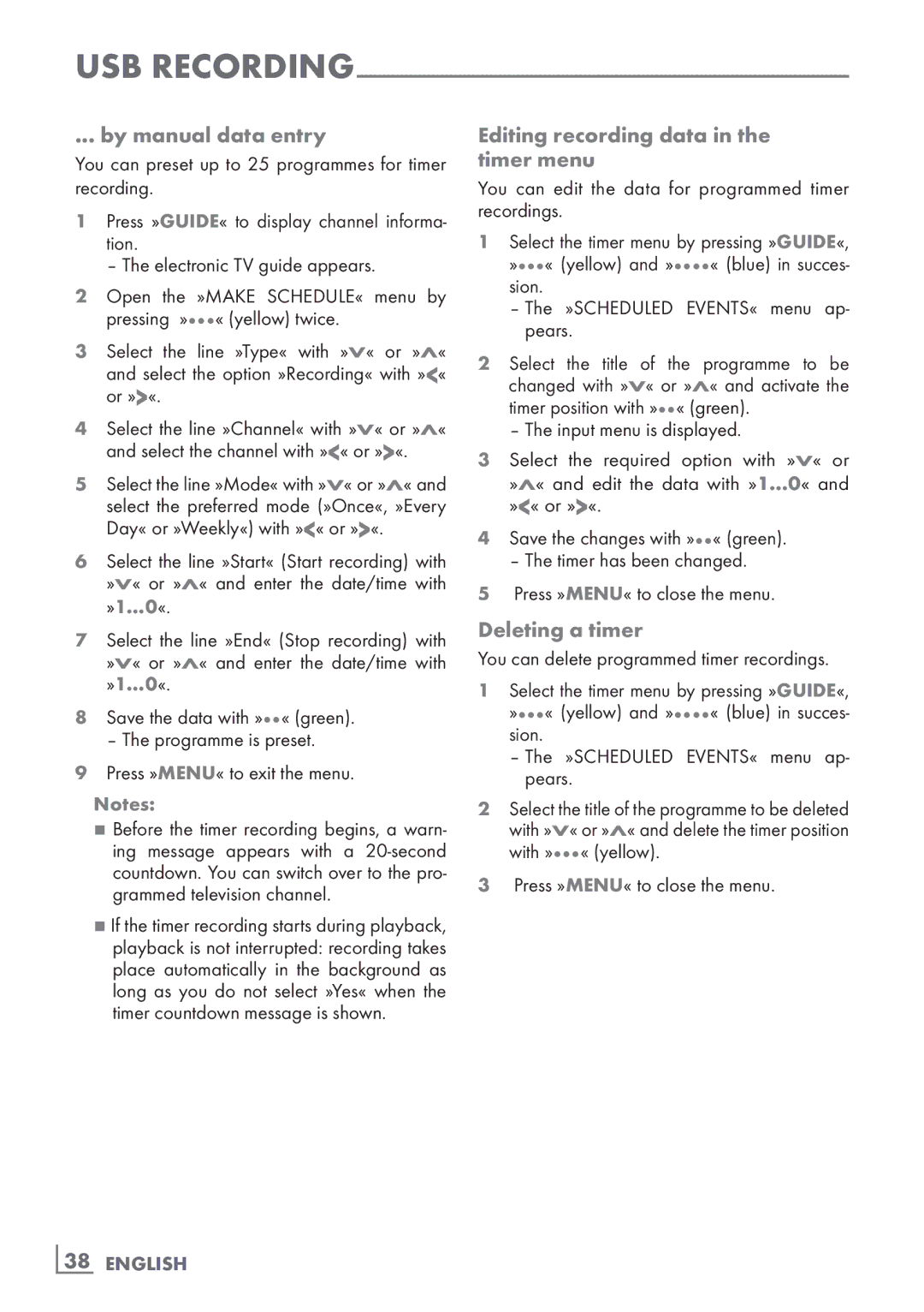 Grundig 40 VLE 8130 BG By manual data entry, Editing recording data in the ­ timer menu, Deleting a timer, ­38 English 