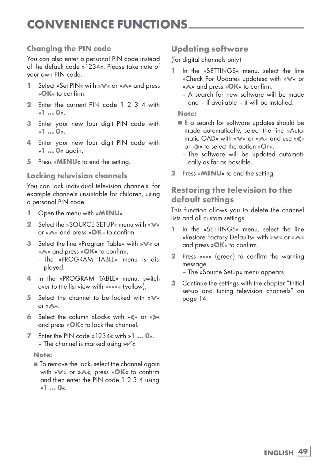 Grundig 40 VLE 8130 BG Updating software, Restoring the television to the default settings, Locking television channels 