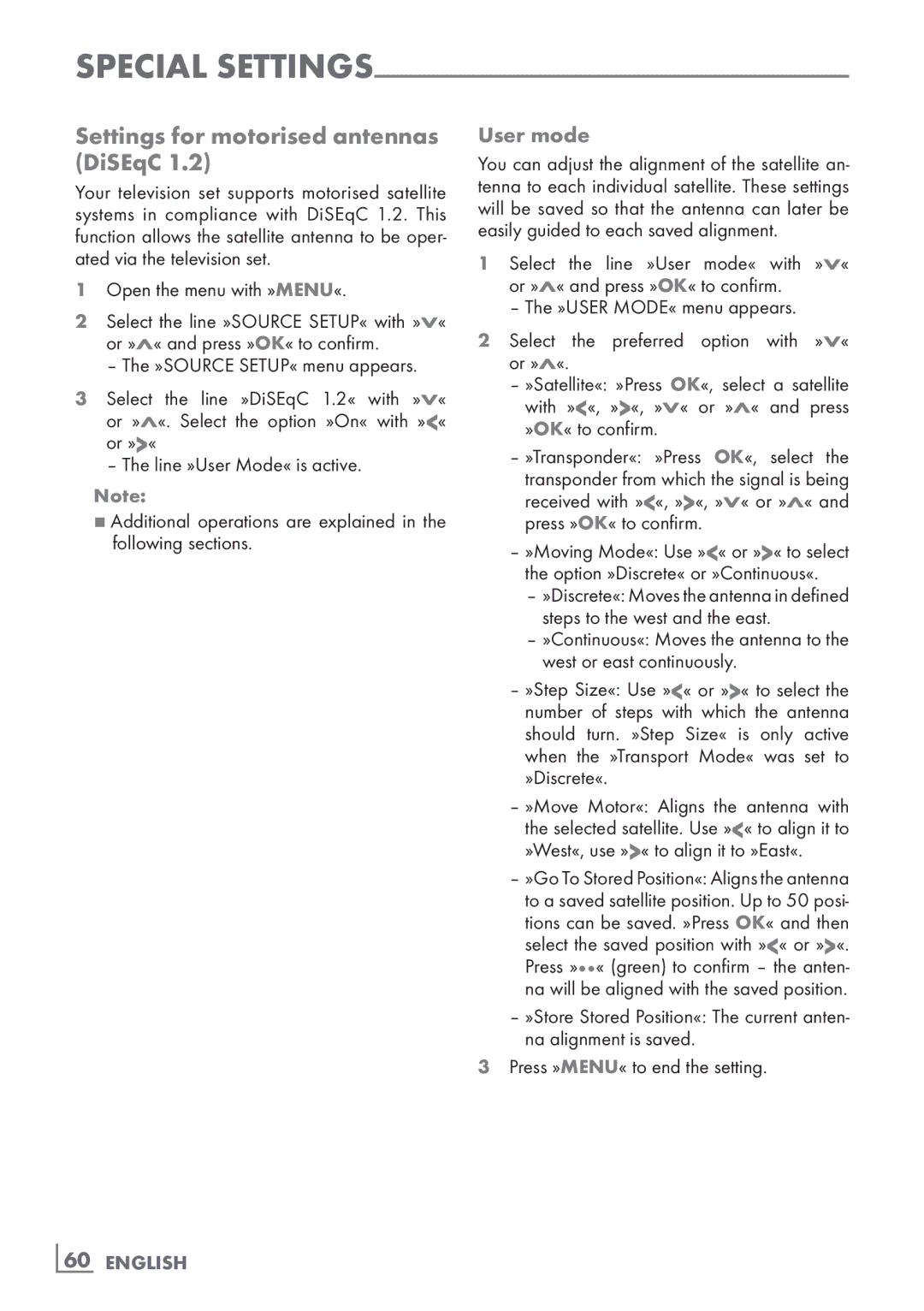 Grundig 40 VLE 8130 BG manual Settings for motorised antennas DiSEqC, User mode, ­60 English 