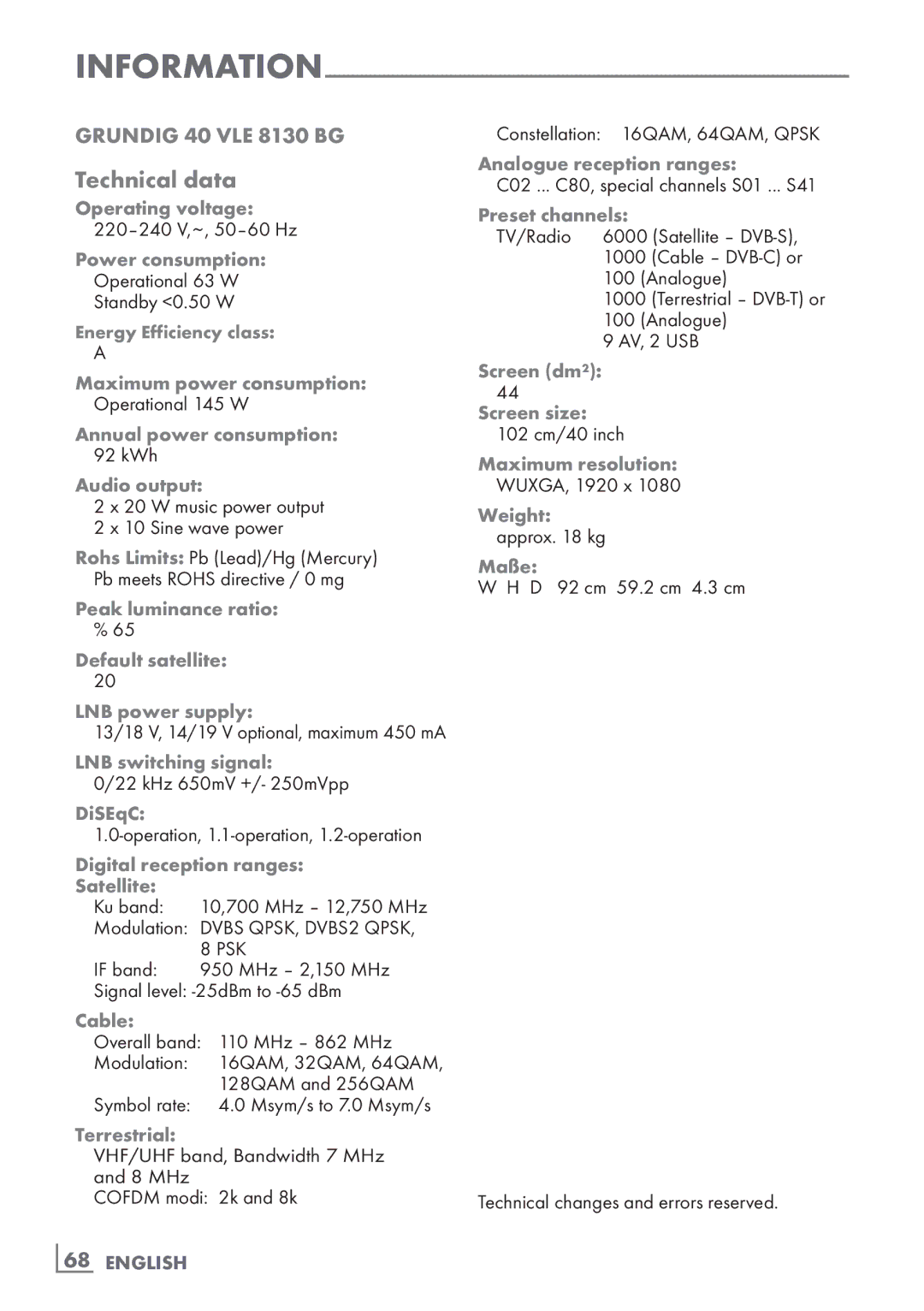 Grundig 40 VLE 8130 BG manual Technical data, ­68 English 