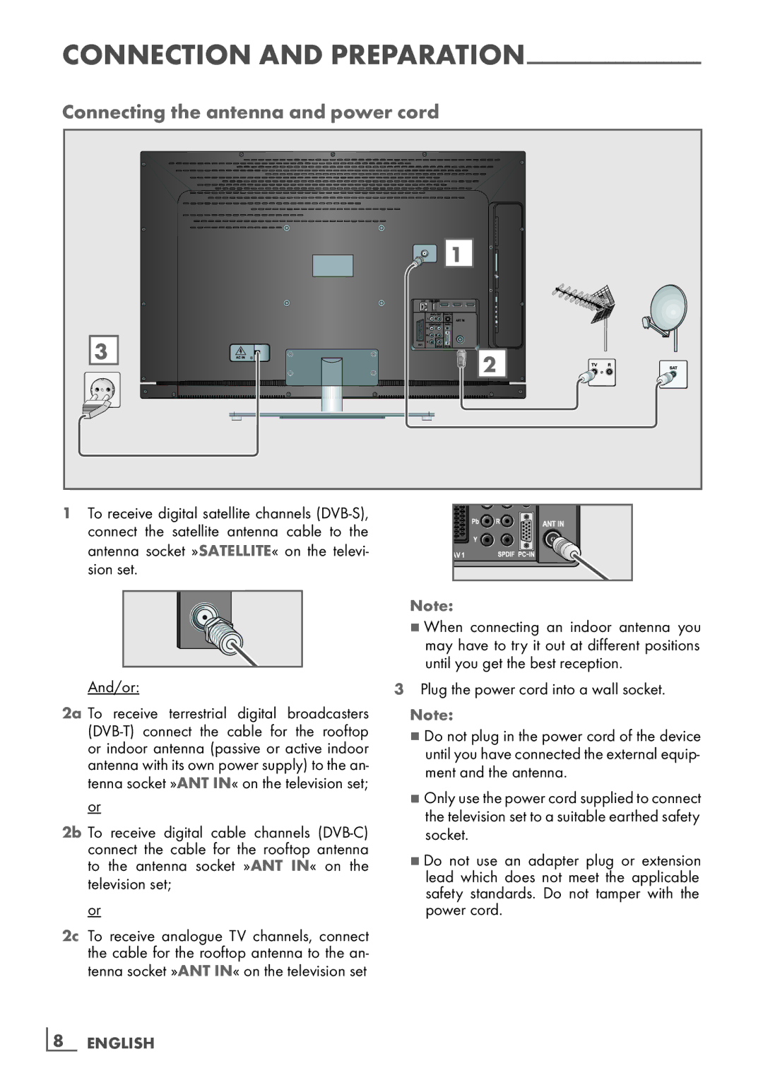 Grundig 40 VLE 8130 BG manual Connecting the antenna and power cord, Connection and preparation, ­8 English 