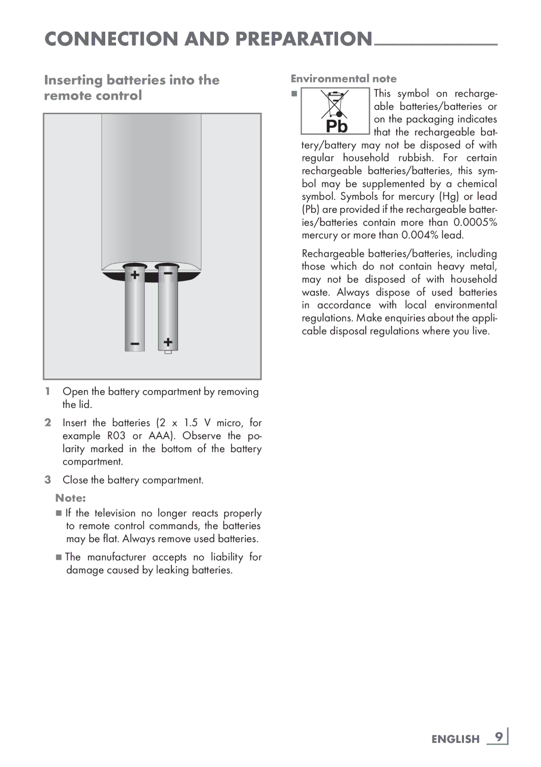 Grundig 40 VLE 8130 BG manual Inserting batteries into the ­remote control, Environmental note, English ­9 