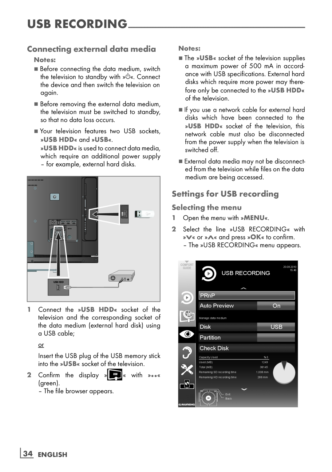 Grundig 40 VLE 8130 BG manual Connecting external data media, Settings for USB recording, Selecting the menu, ­34 ENGLISH 