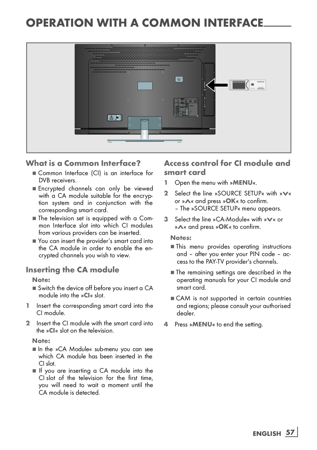 Grundig 40 VLE 8130 BG What is a Common Interface?, Inserting the CA module, Access control for CI module and smart card 
