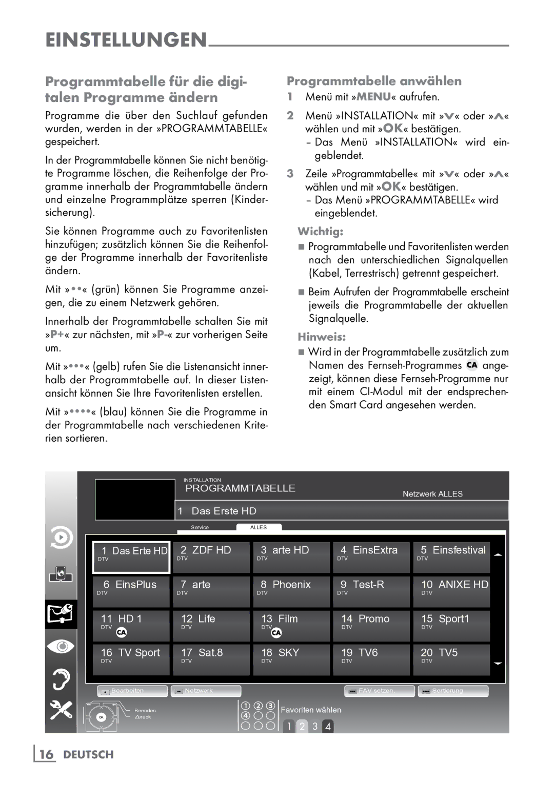 Grundig 40 VLE 8160 BH manual Programmtabelle für die digi­ talen Programme ändern, Programmtabelle anwählen, Wichtig 