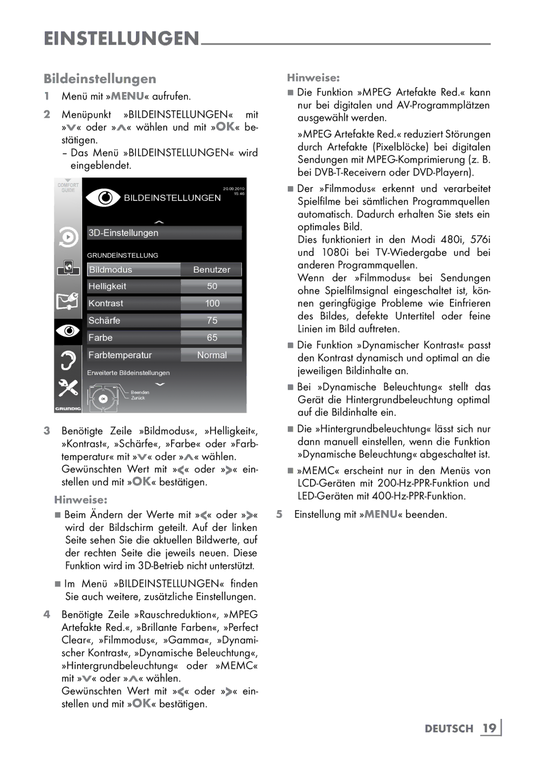 Grundig 40 VLE 8160 BH manual Bildeinstellungen, Anderen­ Programmquellen, Linien­ im Bild auftreten 