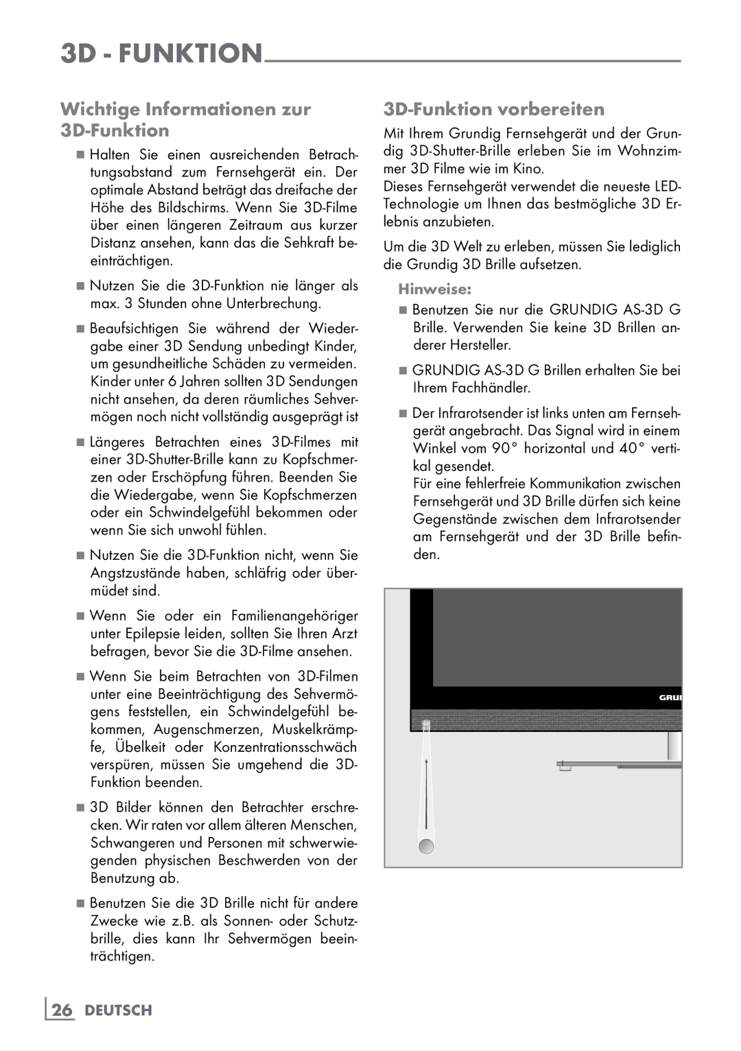 Grundig 40 VLE 8160 BH manual Wichtige Informationen zur ­ 3D-Funktion, 3D-Funktion vorbereiten 