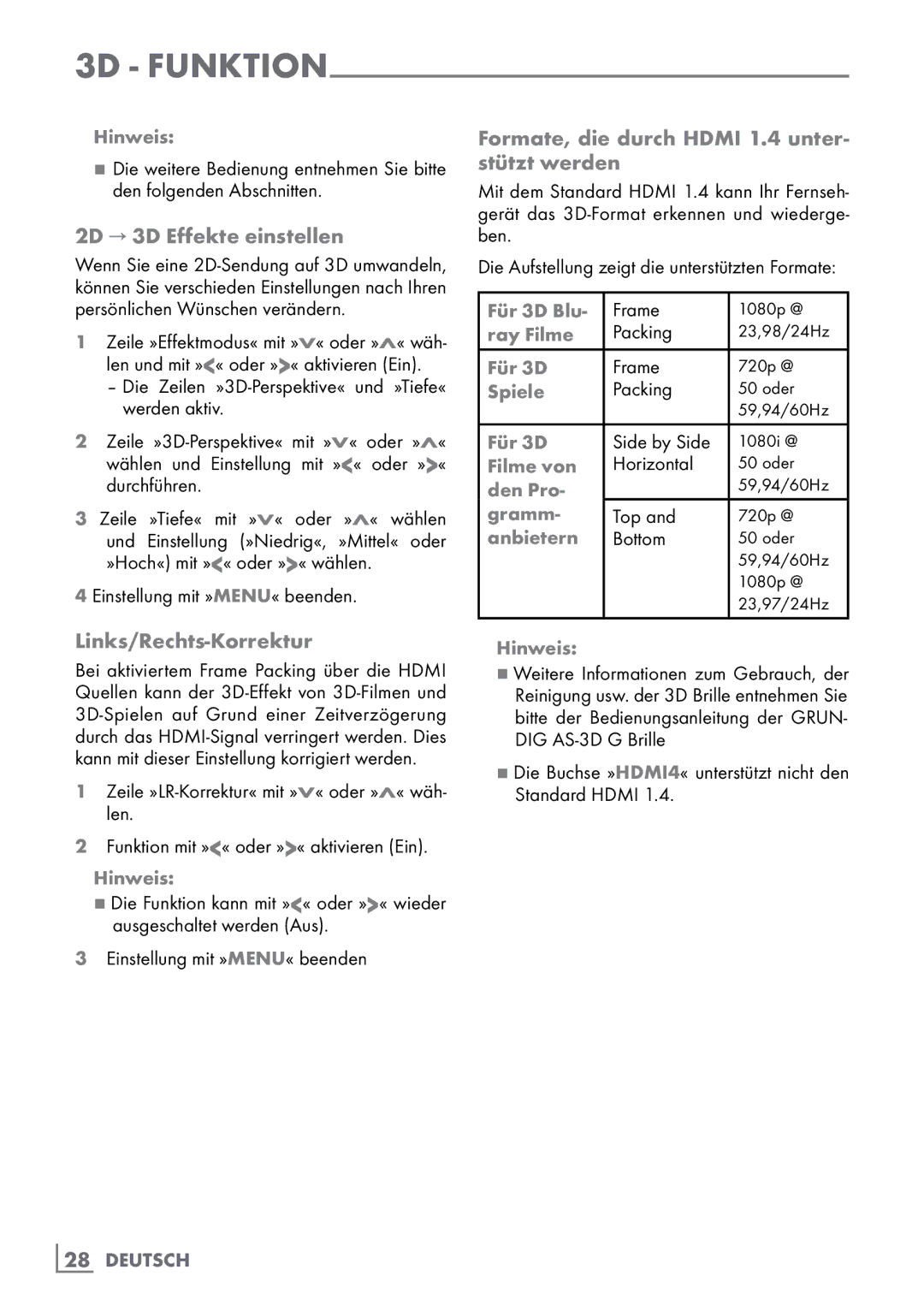 Grundig 40 VLE 8160 BH manual 2D → 3D Effekte einstellen, Formate, die durch Hdmi 1.4 unter- stützt werden 
