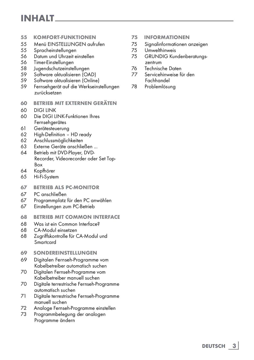 Grundig 40 VLE 8160 BH manual Komfort-funktionen, Betrieb mit Common Interface, Sondereinstellungen 