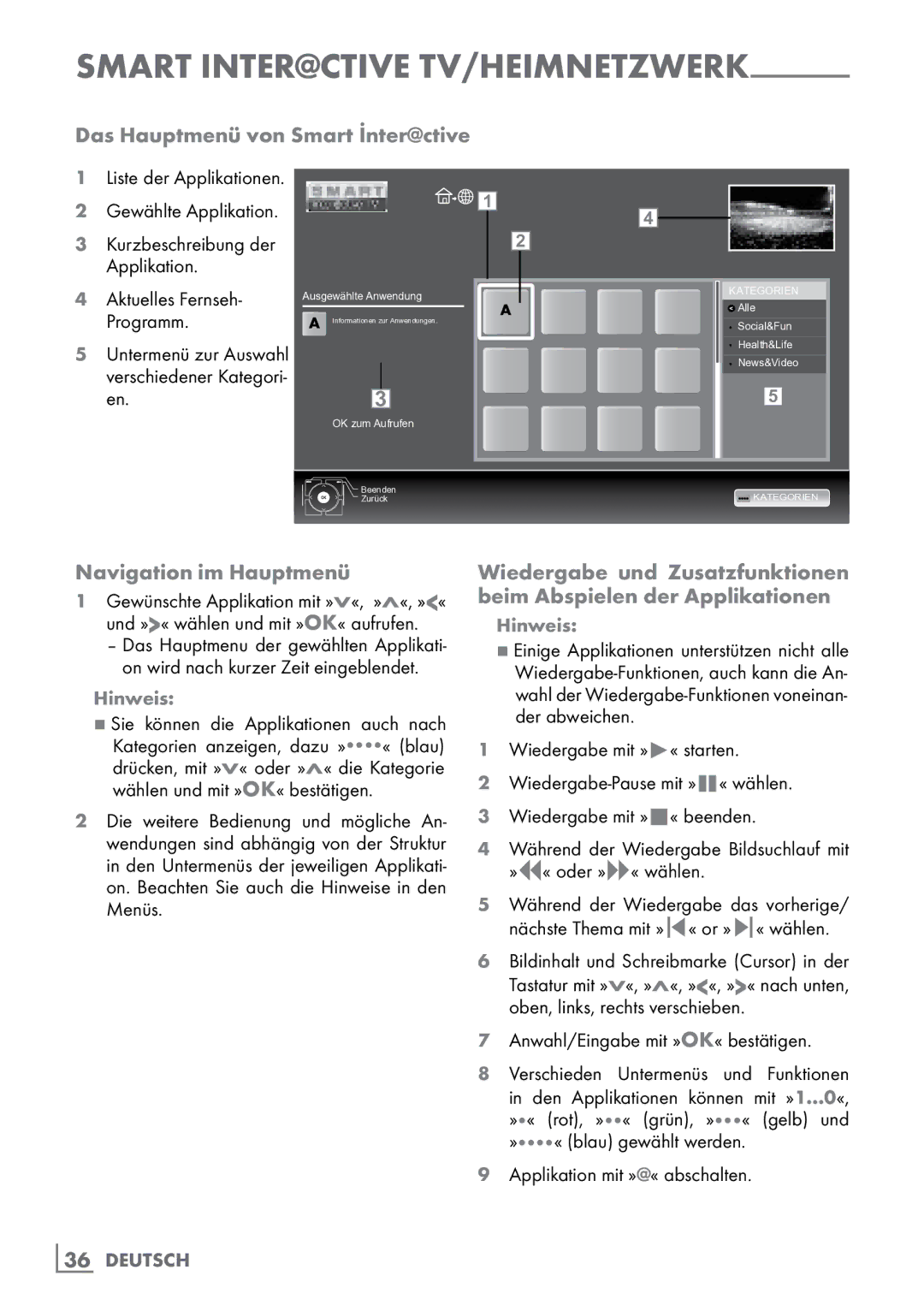 Grundig 40 VLE 8160 BH manual Das Hauptmenü von Smart İnter@ctive, Navigation im Hauptmenü 