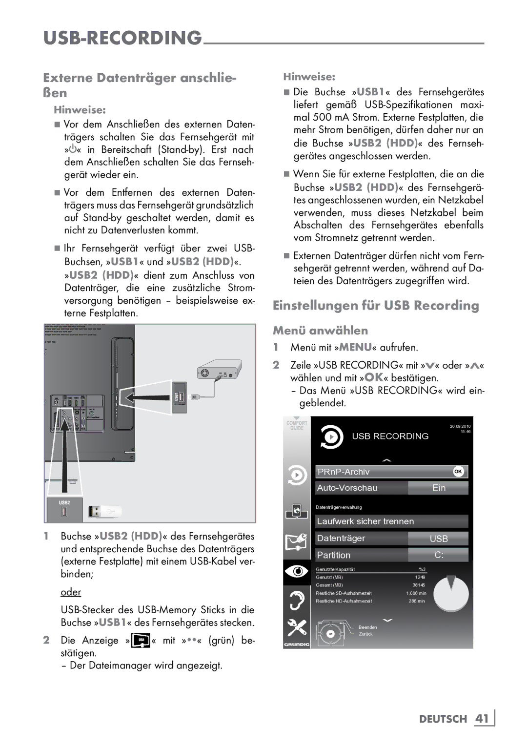 Grundig 40 VLE 8160 BH manual Externe Datenträger anschlie- ßen, Einstellungen für USB Recording, Menü anwählen 