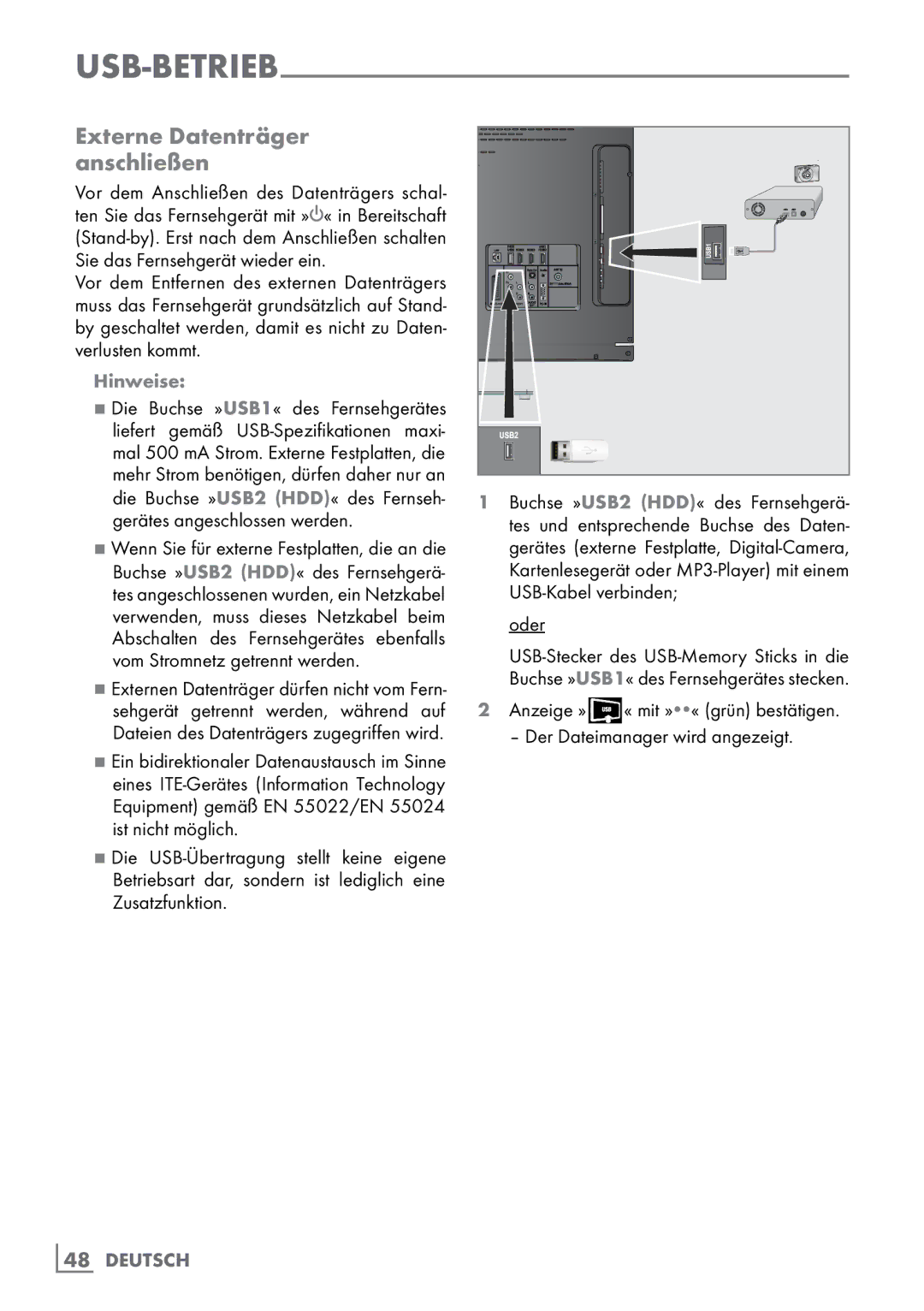 Grundig 40 VLE 8160 BH manual Externe Datenträger ­ anschließen, Hinweise 