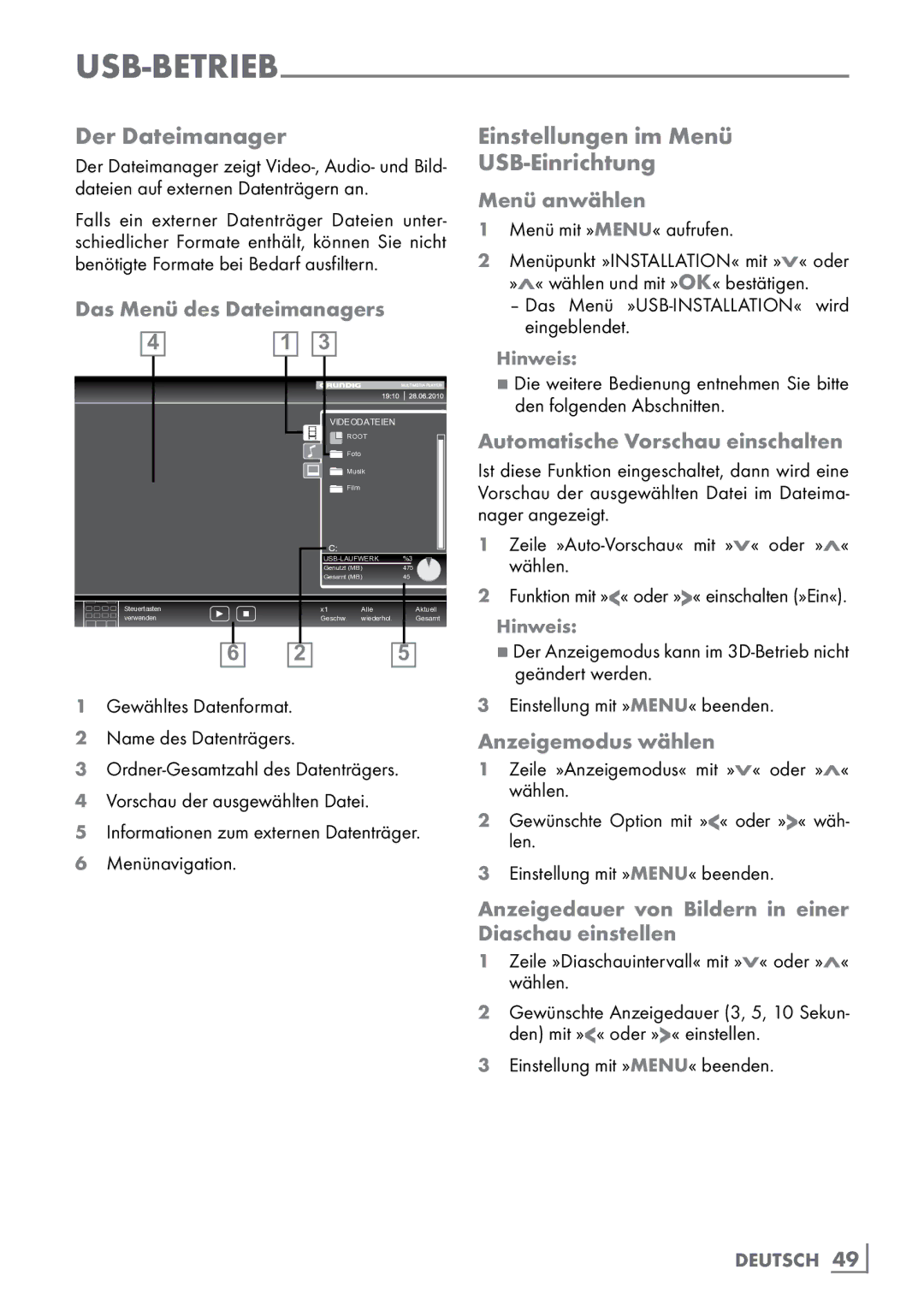 Grundig 40 VLE 8160 BH manual Der Dateimanager, Einstellungen im Menü ­ USB-Einrichtung, Das Menü des Dateimanagers 