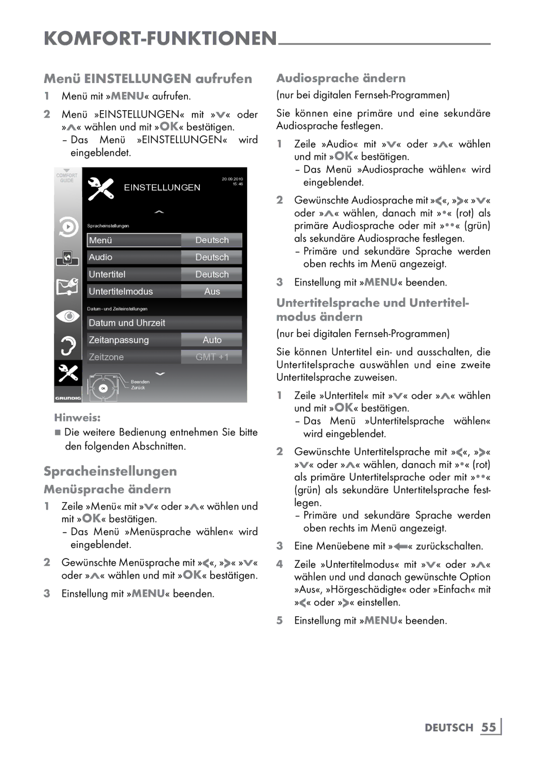 Grundig 40 VLE 8160 BH manual Menü Einstellungen aufrufen, Spracheinstellungen 