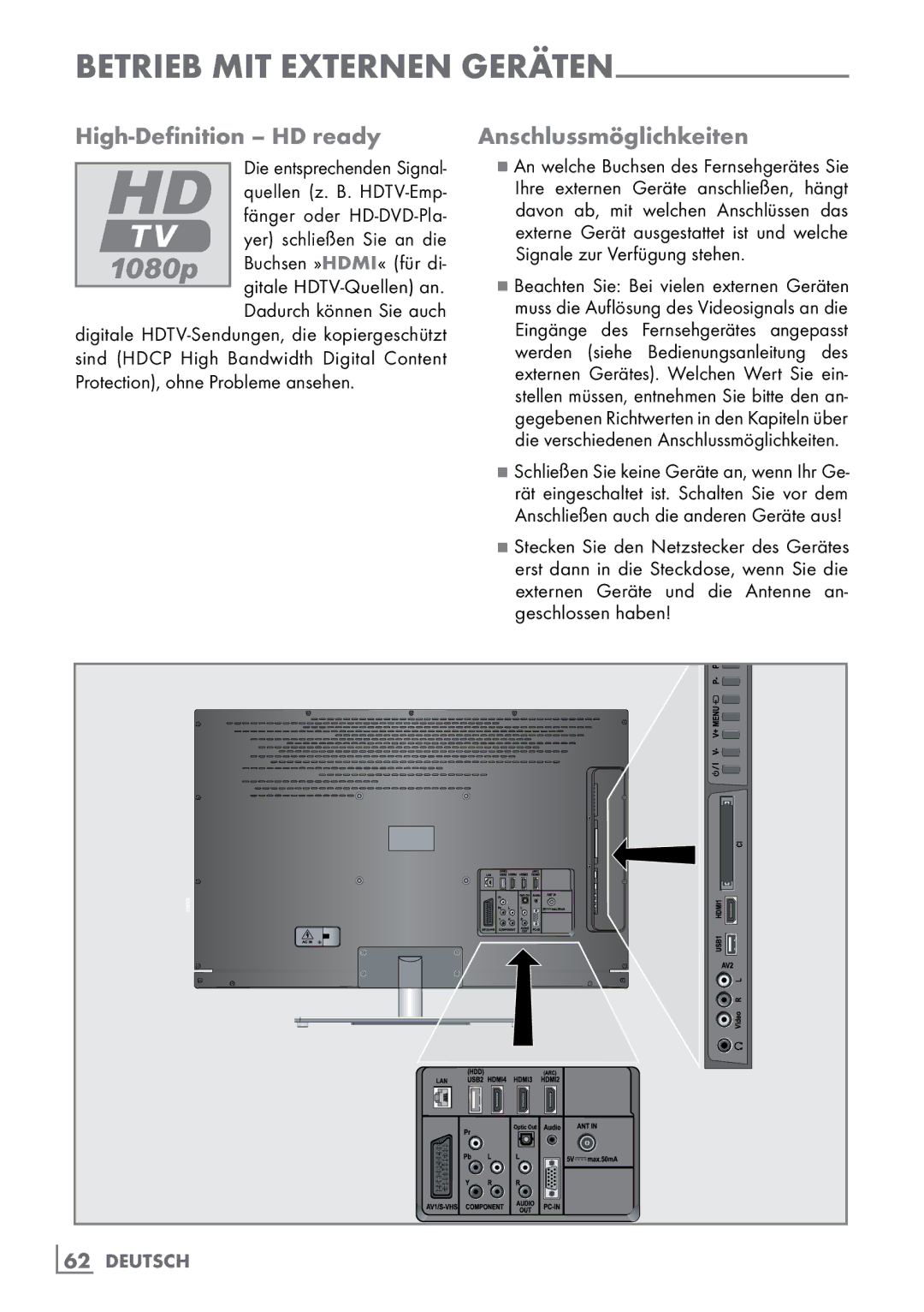 Grundig 40 VLE 8160 BH manual High-Definition HD ready Anschlussmöglichkeiten 