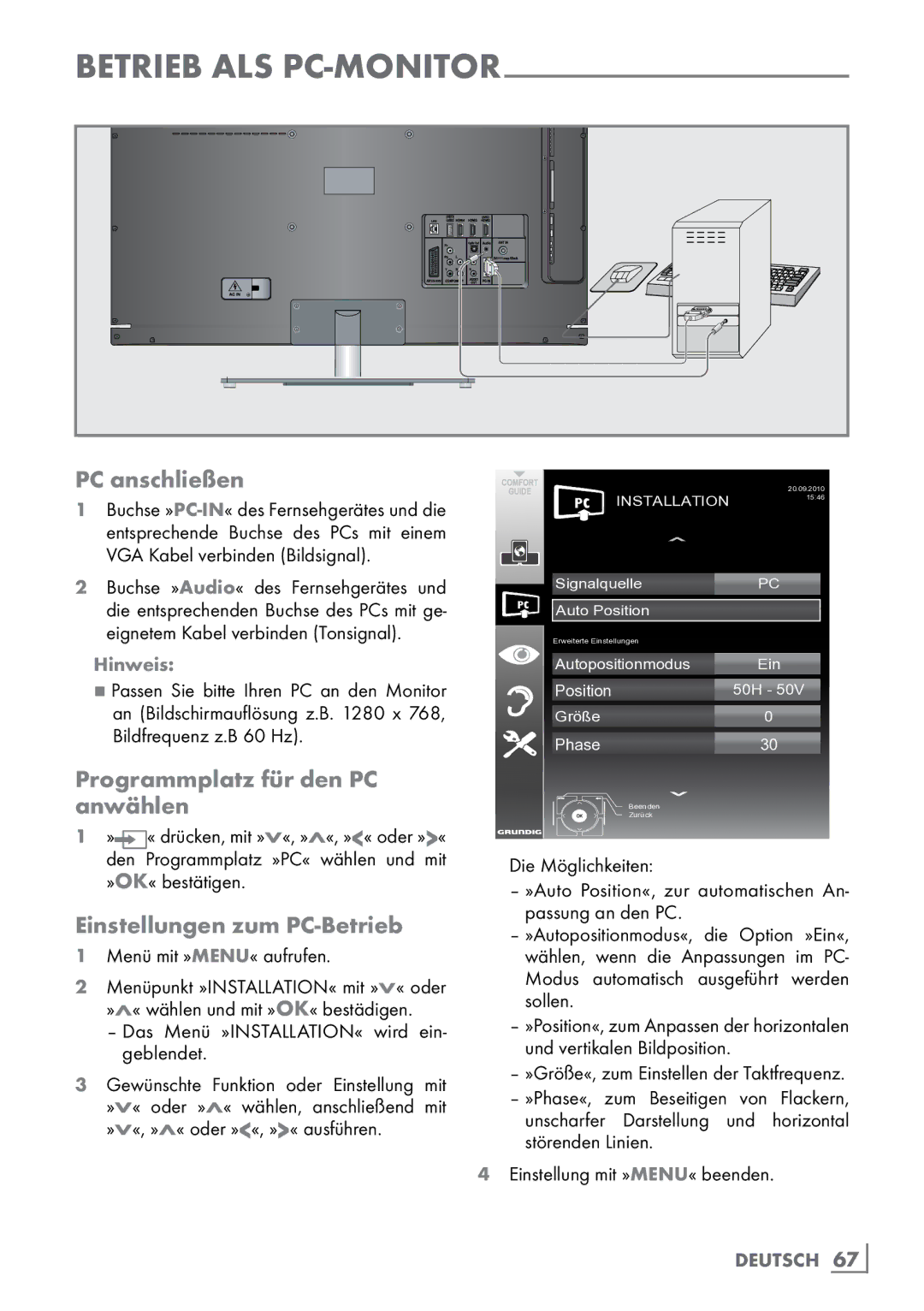 Grundig 40 VLE 8160 BH manual Programmplatz für den PC ­anwählen, Einstellungen zum PC-Betrieb 