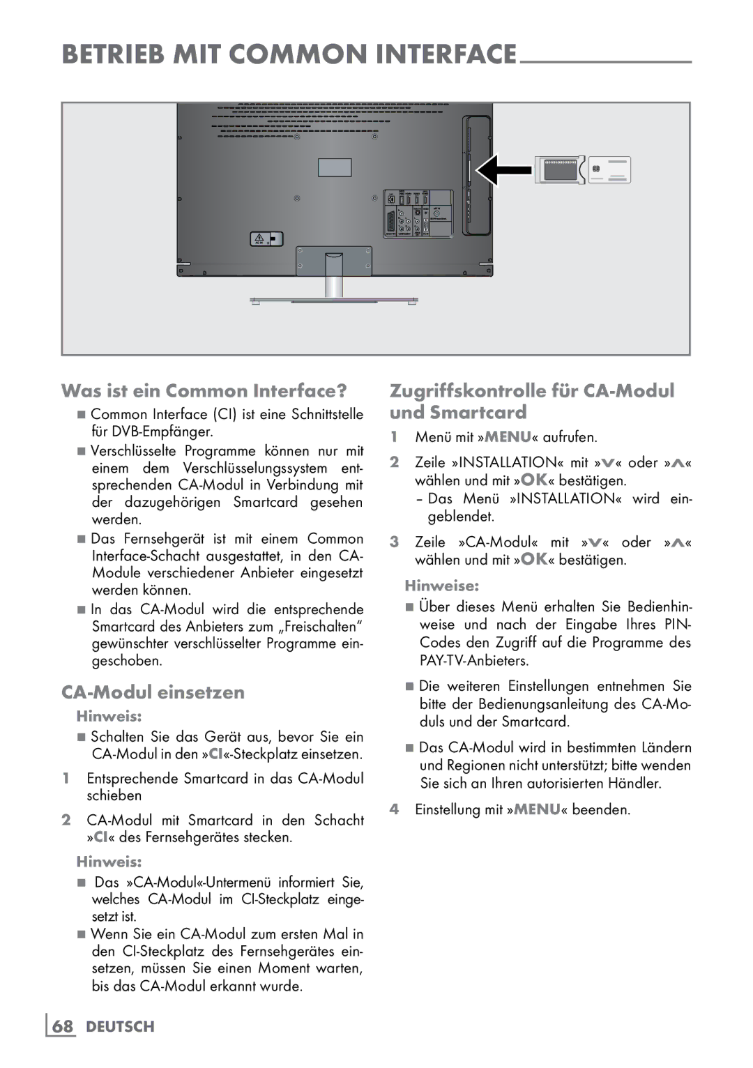 Grundig 40 VLE 8160 BH Was ist ein Common Interface?, CA-Modul einsetzen, Zugriffskontrolle für CA-Modul und Smartcard 