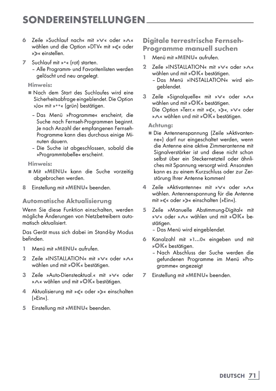 Grundig 40 VLE 8160 BH manual Digitale terrestrische Fernseh- Programme manuell suchen, Automatische Aktualisierung 