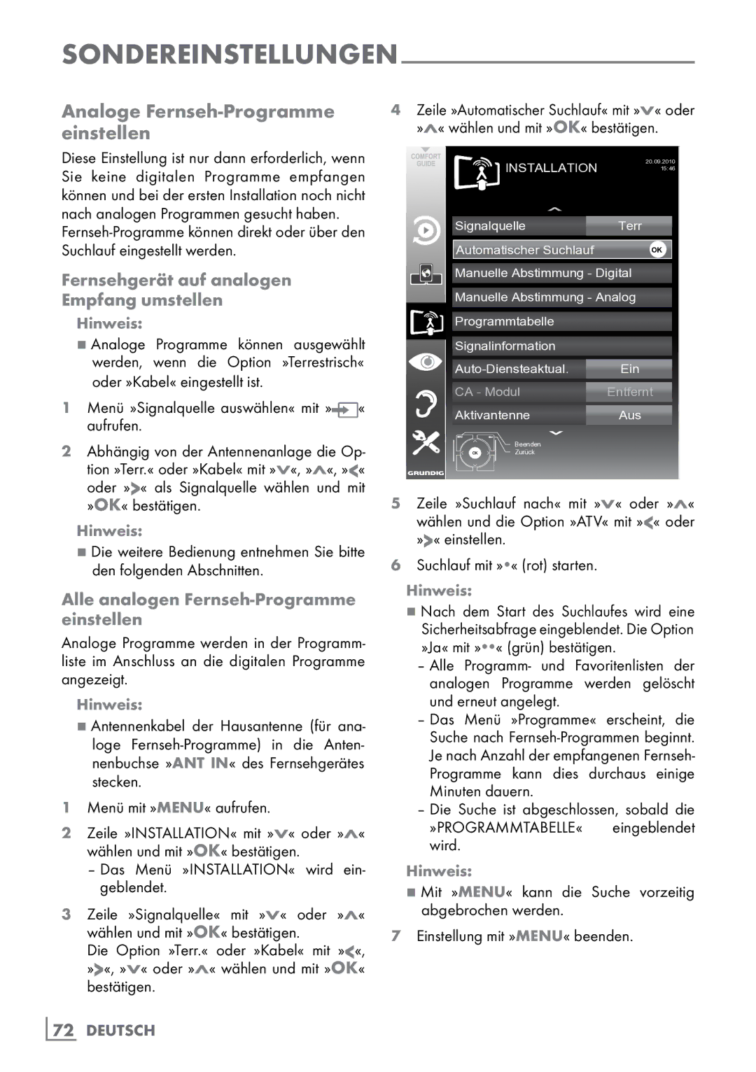 Grundig 40 VLE 8160 BH manual Analoge Fernseh-Programme einstellen, Fernsehgerät auf analogen ­Empfang umstellen 