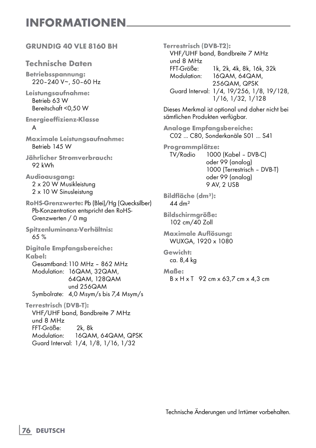 Grundig 40 VLE 8160 BH manual Technische Daten 