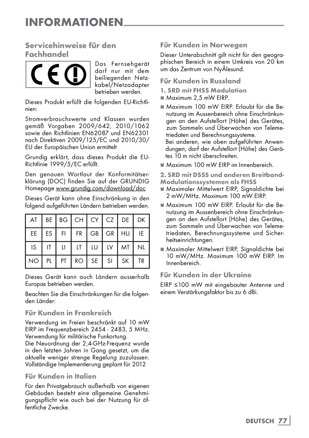 Grundig 40 VLE 8160 BH manual Servicehinweise für den­ Fachhandel 