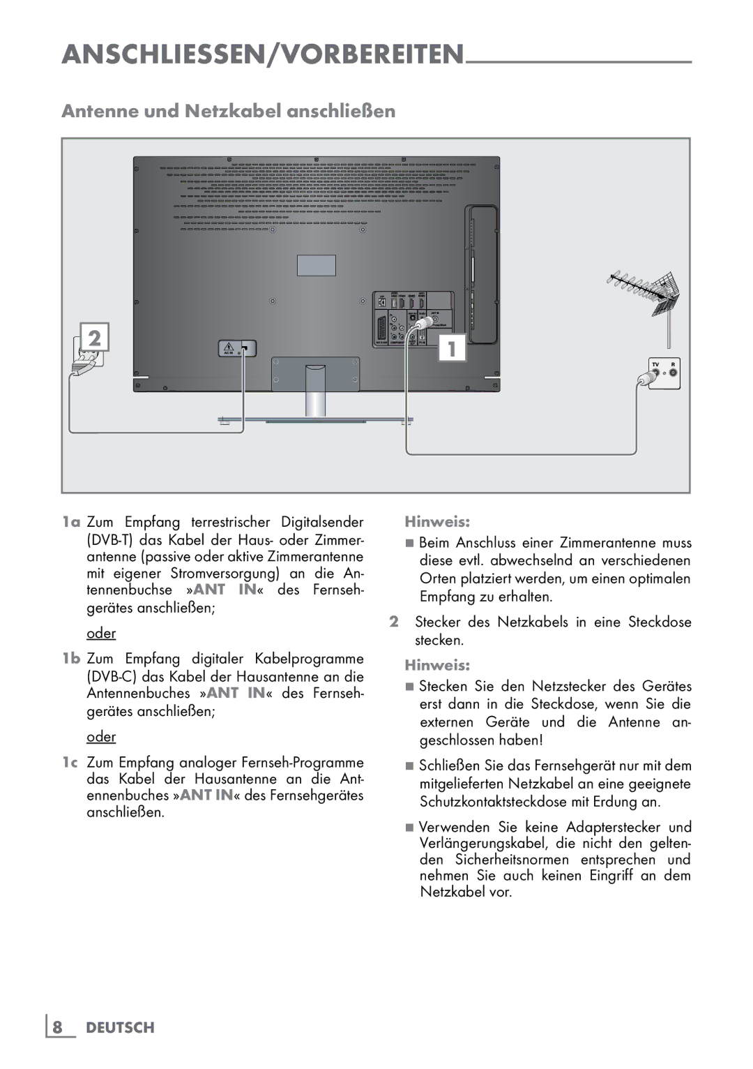 Grundig 40 VLE 8160 BH manual Antenne und Netzkabel anschließen, AnschlieSSen/Vorbereiten, Hinweis 