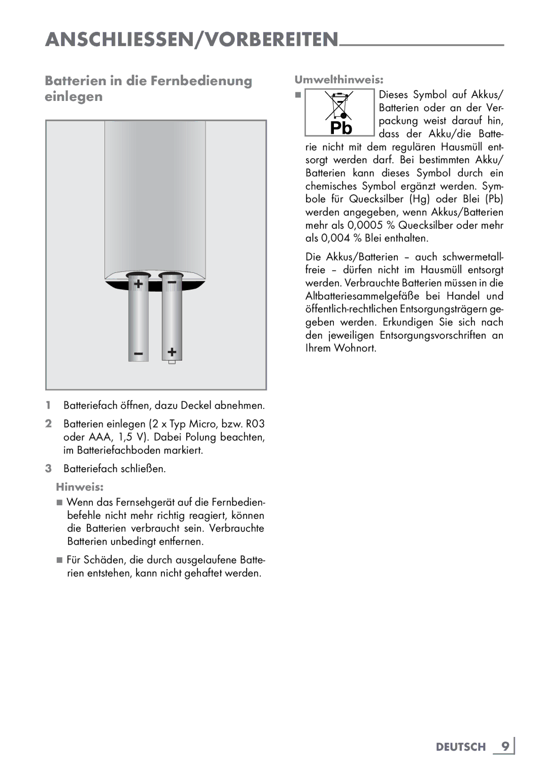 Grundig 40 VLE 8160 BH manual Batterien in die Fernbedienung einlegen, Batteriefach schließen. Hinweis, Umwelthinweis 