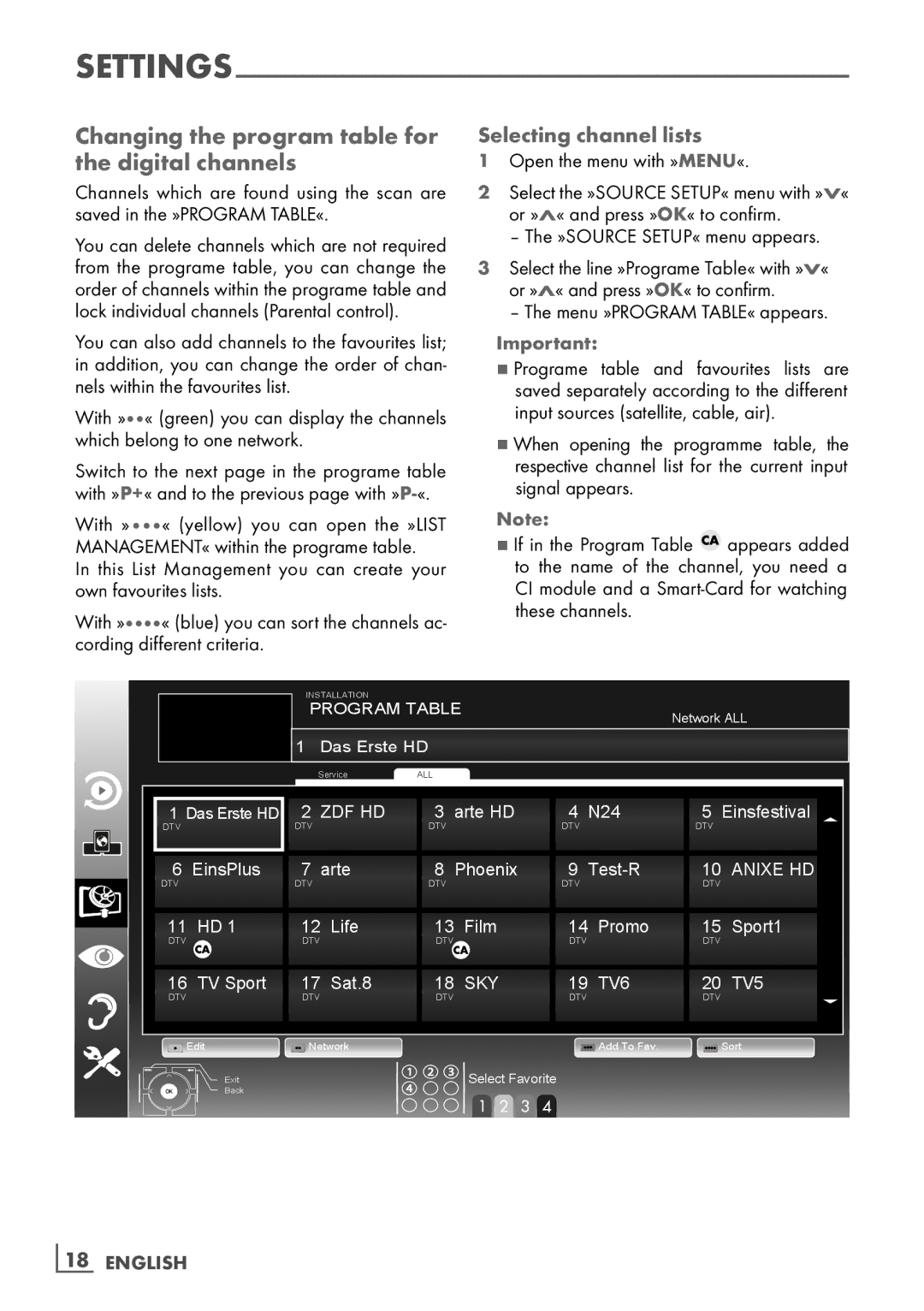 Grundig 40 VLE 8160 BL manual Changing the program table for the digital channels, Selecting channel lists, ­18 English 