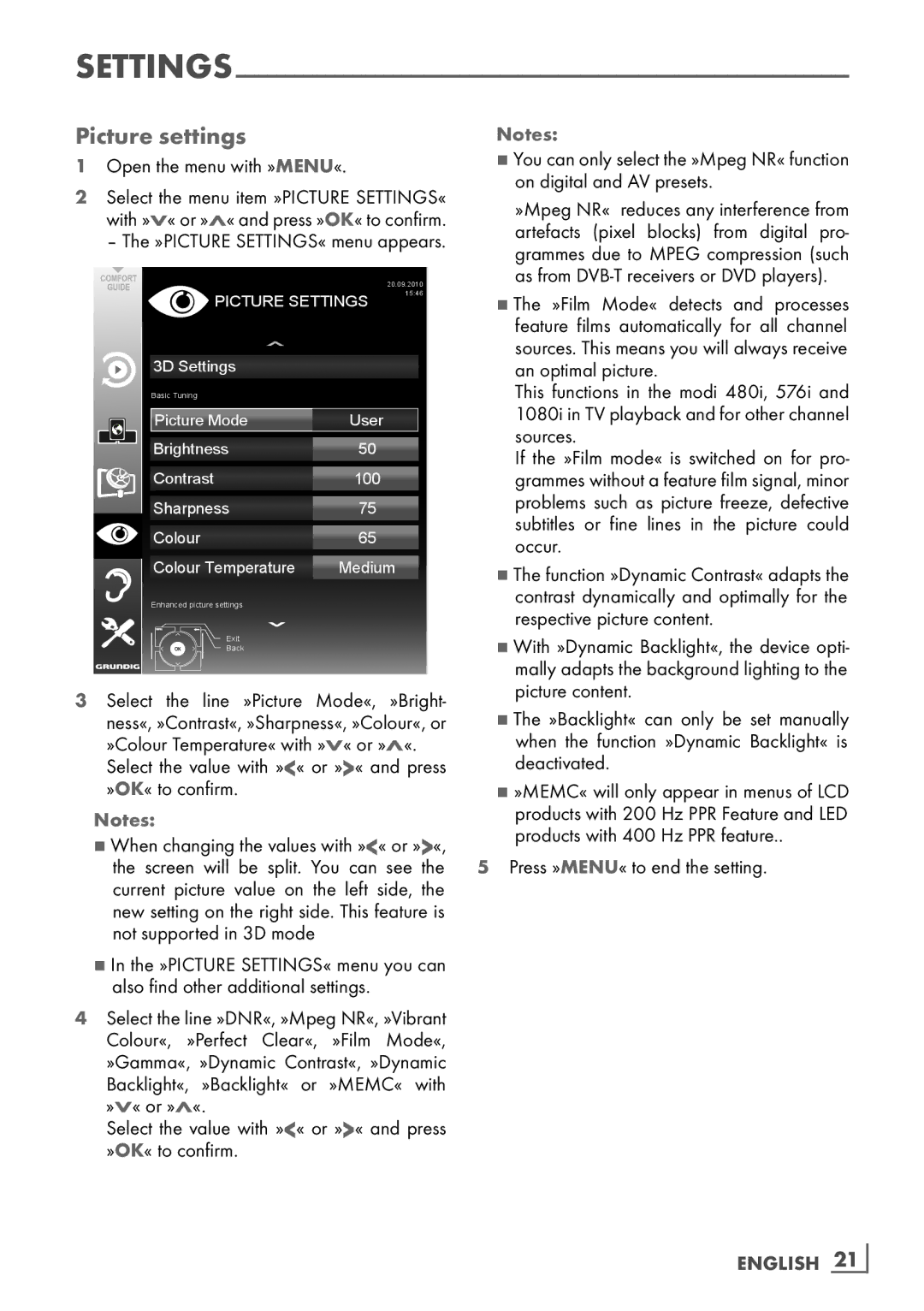 Grundig 40 VLE 8160 BL manual Picture settings, As from DVB-T receivers or DVD players­, English ­21 