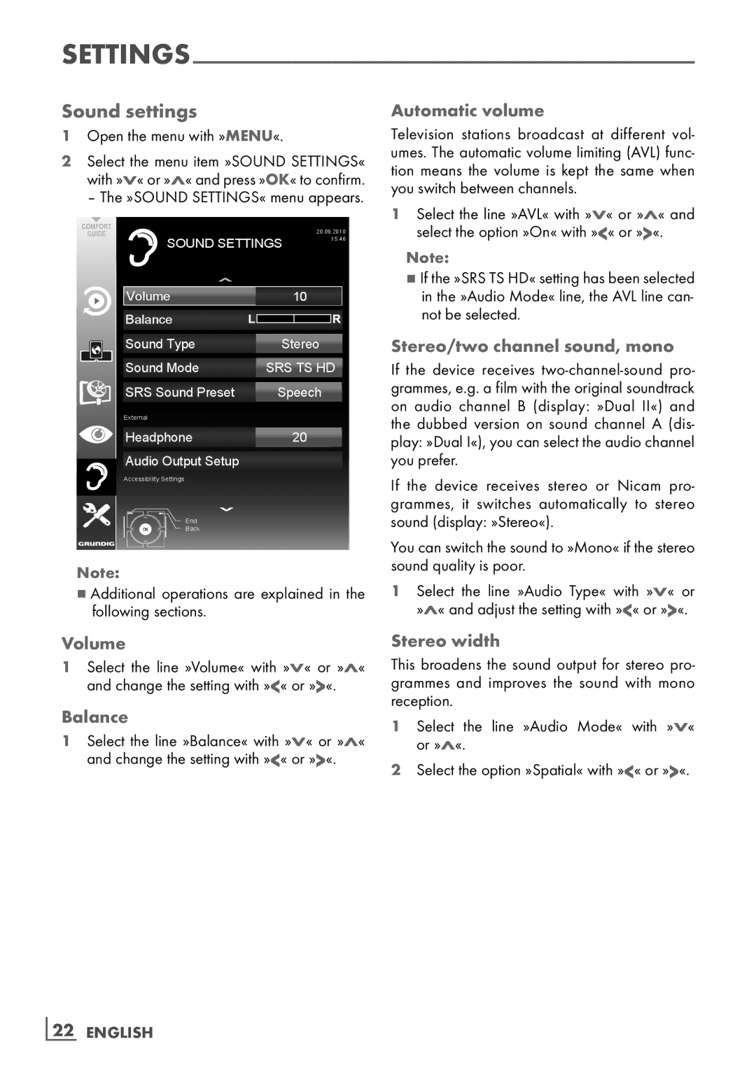 Grundig 40 VLE 8160 BL manual Sound settings 