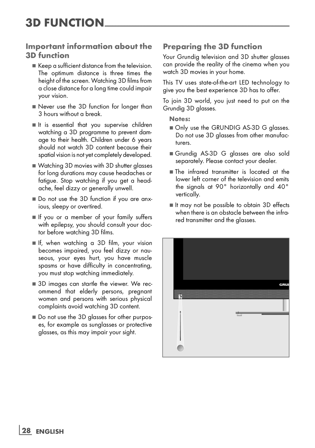 Grundig 40 VLE 8160 BL manual Important information about the 3D function, Preparing the 3D function, ­28 English 