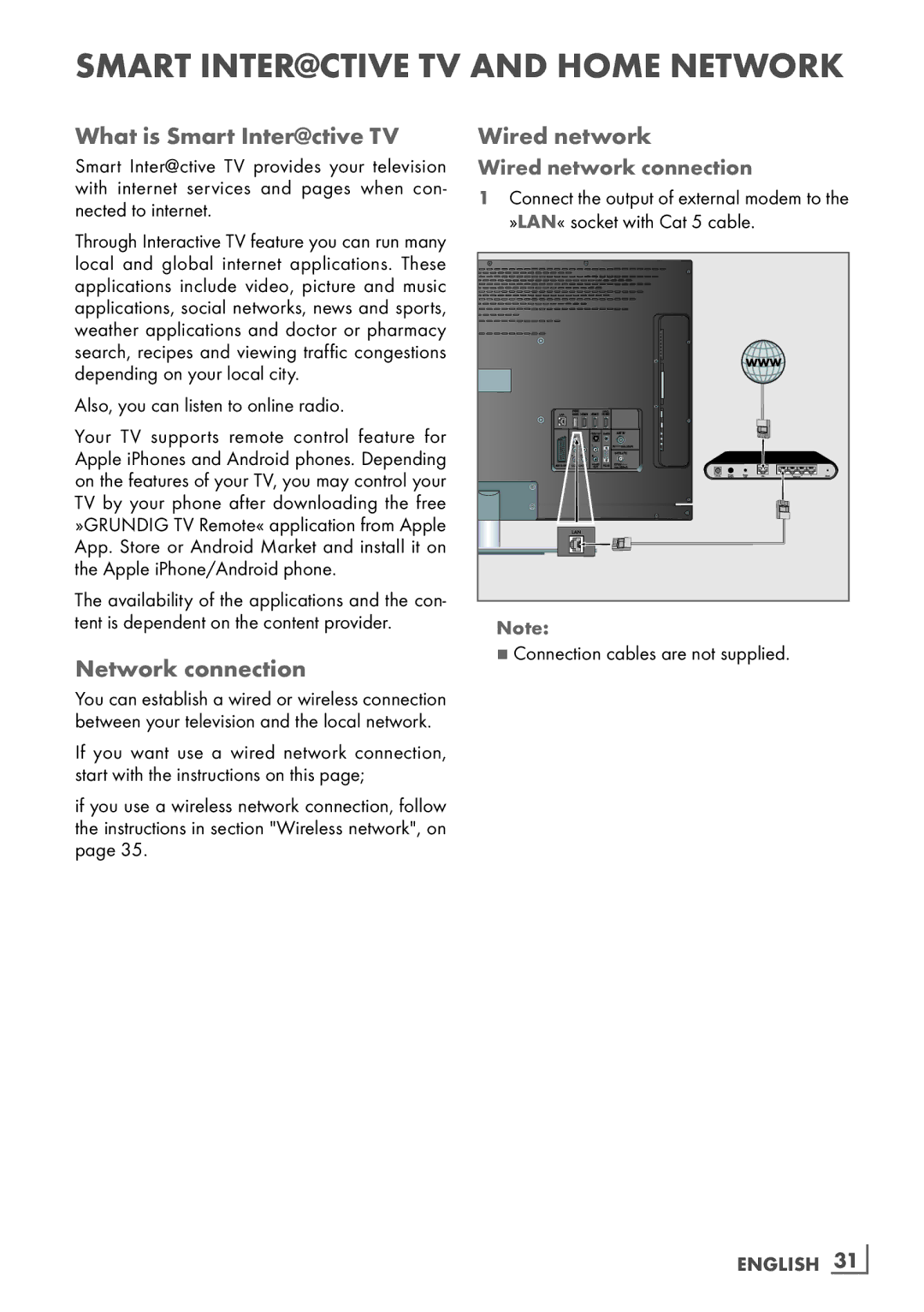 Grundig 40 VLE 8160 BL manual What is Smart Inter@ctive TV, Network connection, Wired network connection, English ­31 