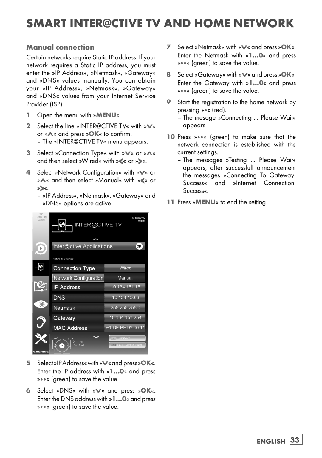 Grundig 40 VLE 8160 BL manual Manual connection, »DNS« options are active, English ­33 